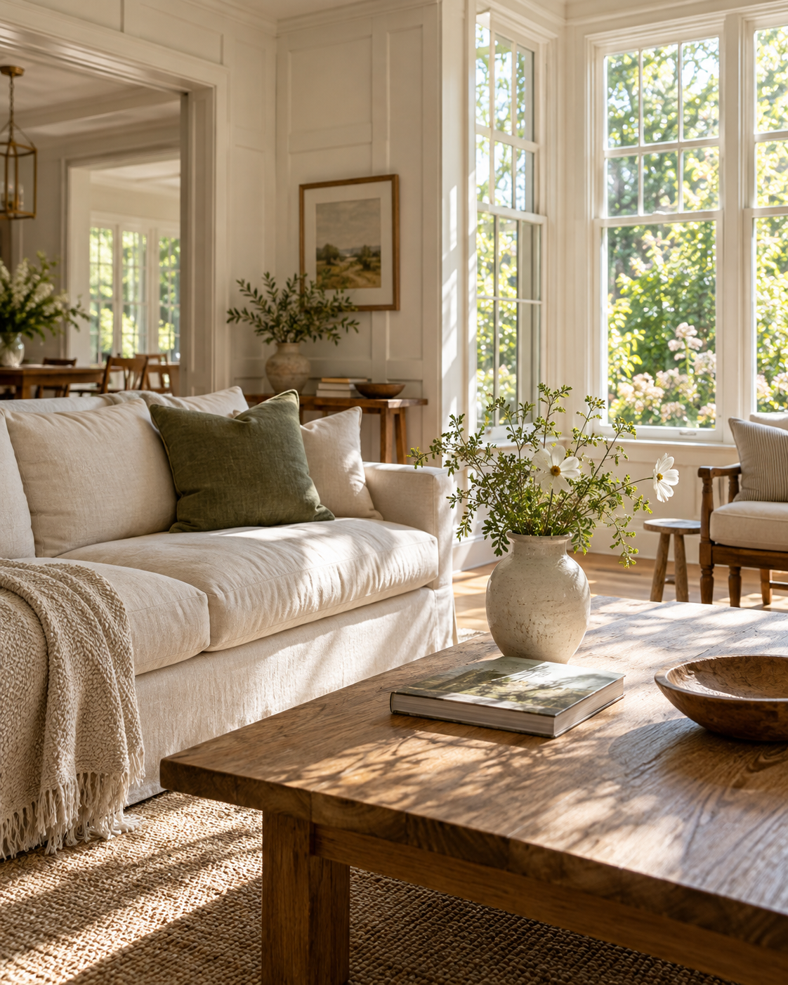 Illustrative sunlit living room with linen furniture, oak floors, and fresh flowers